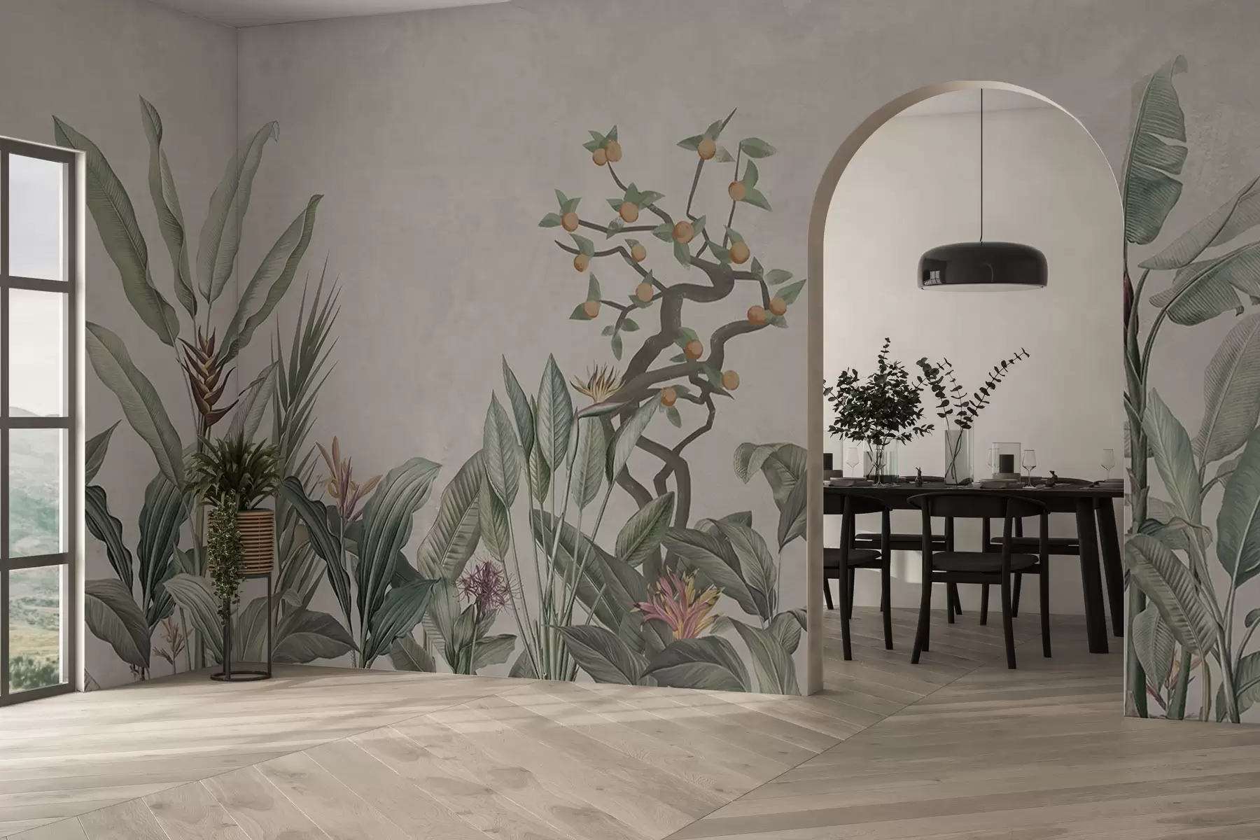 fototapet Compoziție tropicală cu plante și copac pe un fundal gri w04201v1