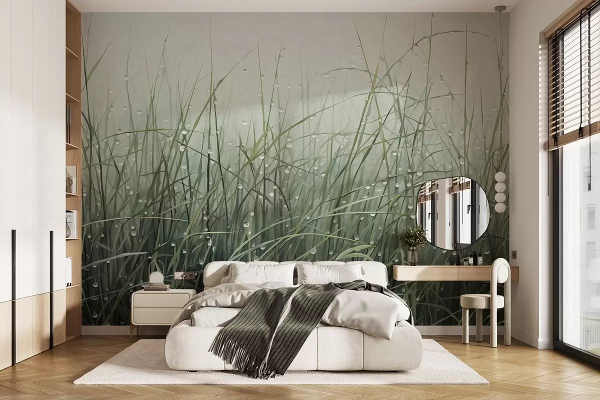 fototapet Iarbă cu picături de apă, nuanțe de verde stins, lumină moale, fundal cețos, stil abstract minimalist texturat w09217