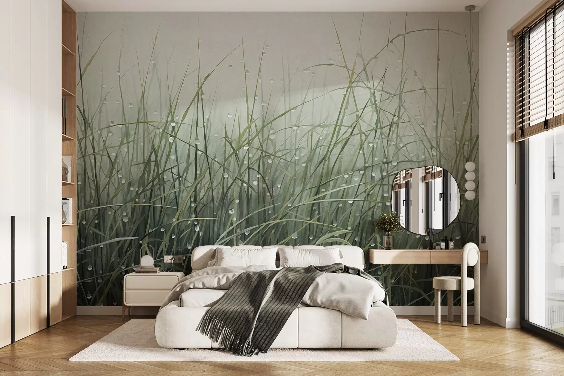 fototapet Iarbă cu picături de apă, nuanțe de verde stins, lumină moale, fundal cețos, stil abstract minimalist texturat w09217