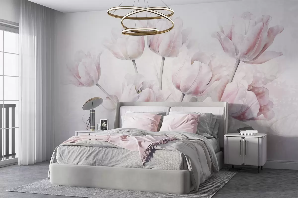 fototapet Lalele roz texturate cu frunze verzi, lumină moale, stil acuarelă de epocă, tușe delicate w09220