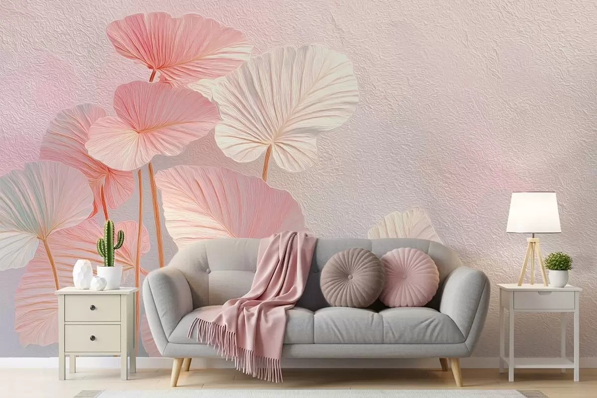 fototapet Frunze tropicale elegante, mari, în nuanțe de roz și albastru w09252