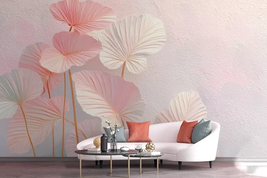 fototapet Frunze tropicale elegante, mari, în nuanțe de roz și albastru w09252
