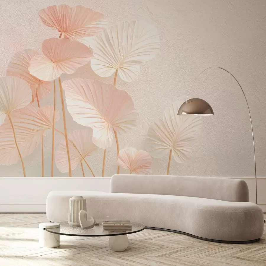 fototapet Frunze tropicale elegante, mari, de culoare roz delicat w09252v1