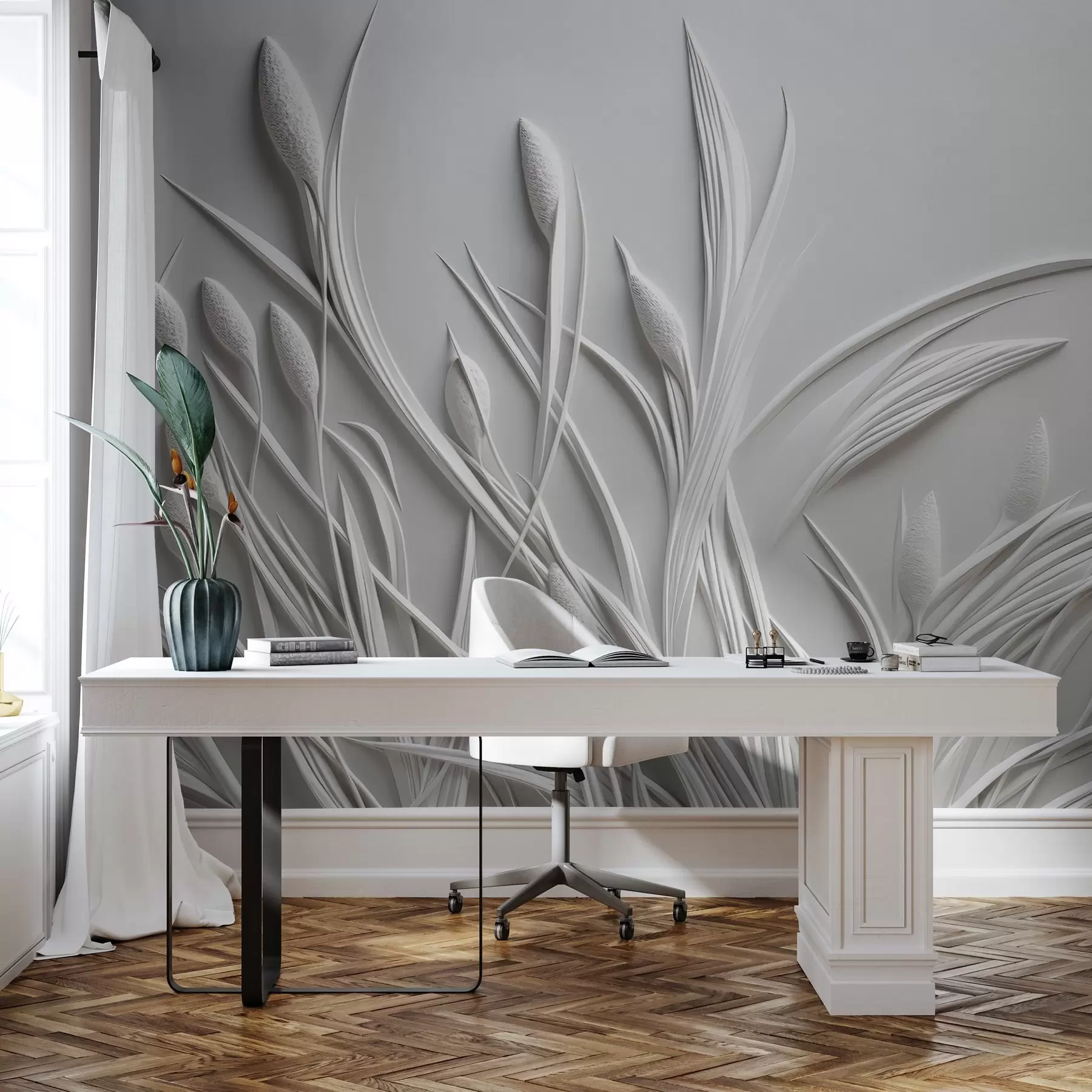 fototapet Basorelief cu frunze delicate și pampas w04247