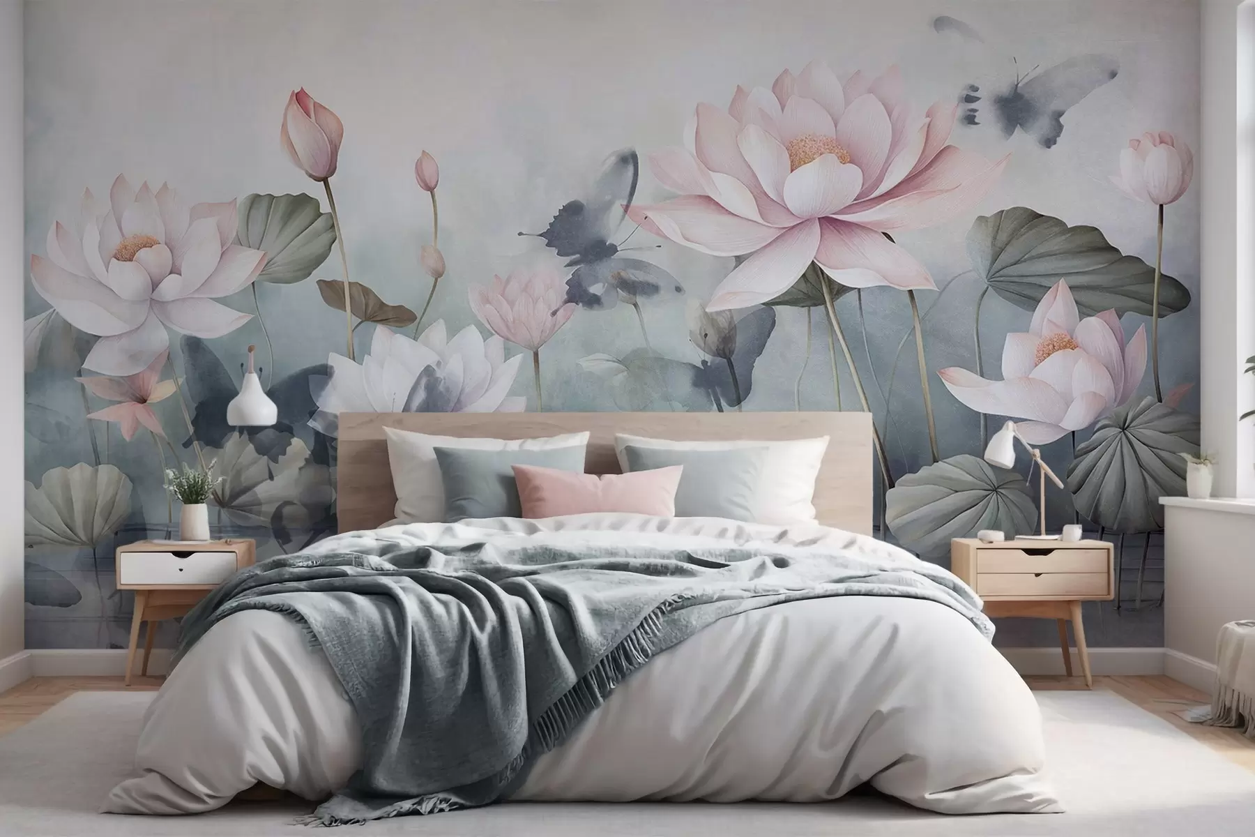fototapet Lotus flori texturate cu petale roz pastel, frunze verzi, reflecție de apă, culori pastelate moi, efect de acuarelă w09254