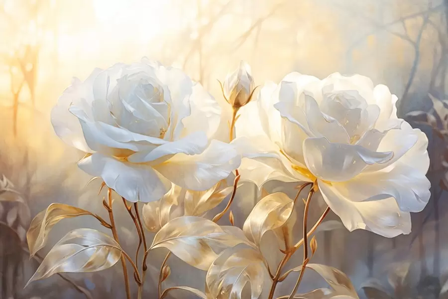 fototapet Trandafiri albi texturați cu tulpini și frunze galbene, iluminare moale, fundal luminos cu forme florale neclare w09258