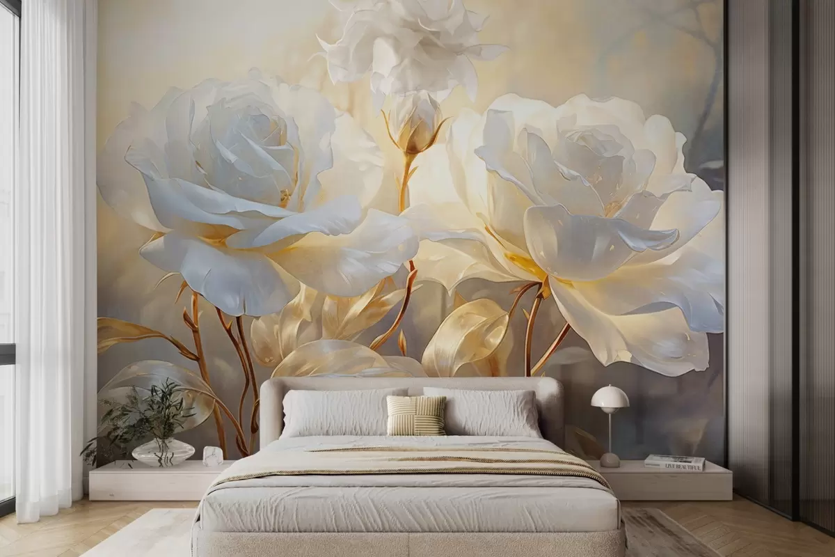 fototapet Trandafiri albi texturați cu tulpini și frunze galbene, iluminare moale, fundal luminos cu forme florale neclare w09258