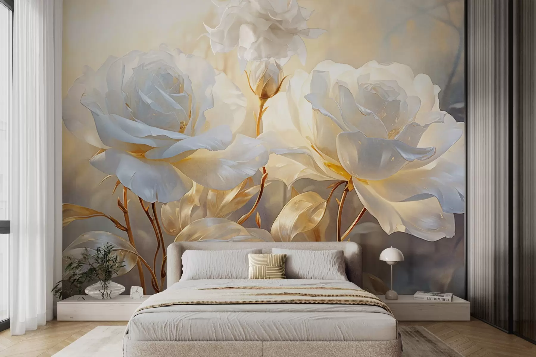 fototapet Trandafiri albi texturați cu tulpini și frunze galbene, iluminare moale, fundal luminos cu forme florale neclare w09258