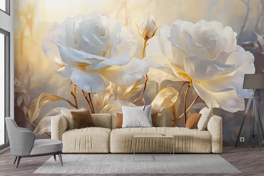 fototapet Trandafiri albi texturați cu tulpini și frunze galbene, iluminare moale, fundal luminos cu forme florale neclare w09258