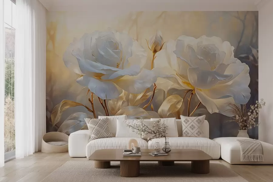 fototapet Trandafiri albi texturați cu tulpini și frunze galbene, iluminare moale, fundal luminos cu forme florale neclare w09258