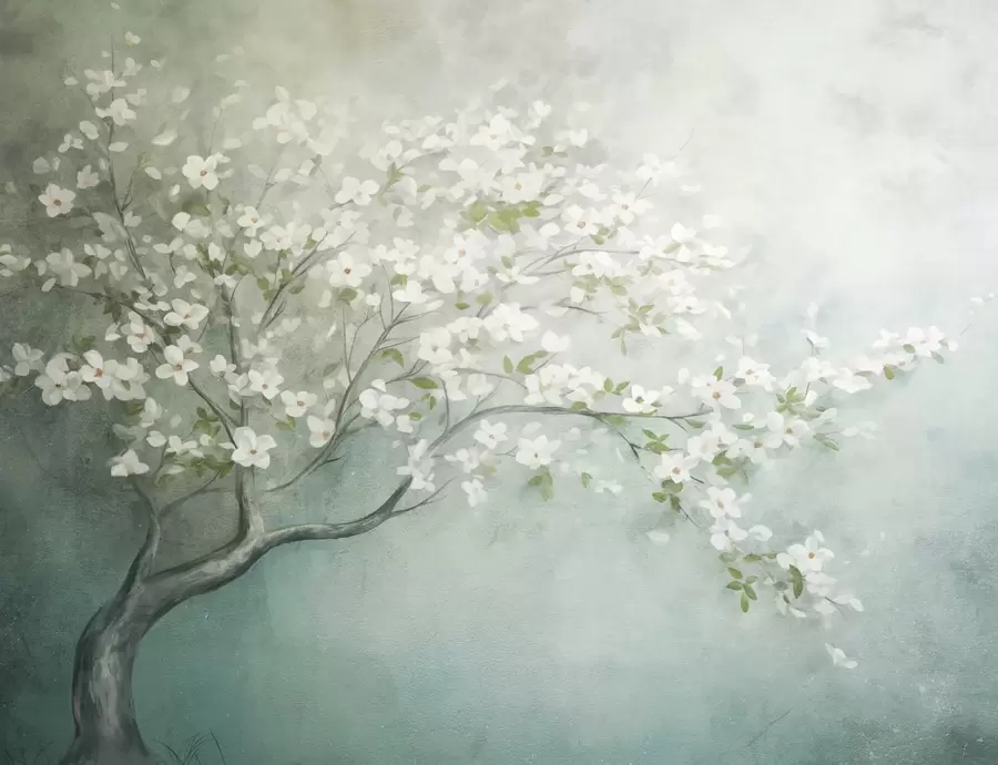 fototapet Un copac înflorit cu flori albe în plină înflorire, pe un fundal cu textură granuloasă zgomotoasă de albastru și verde stins w09261