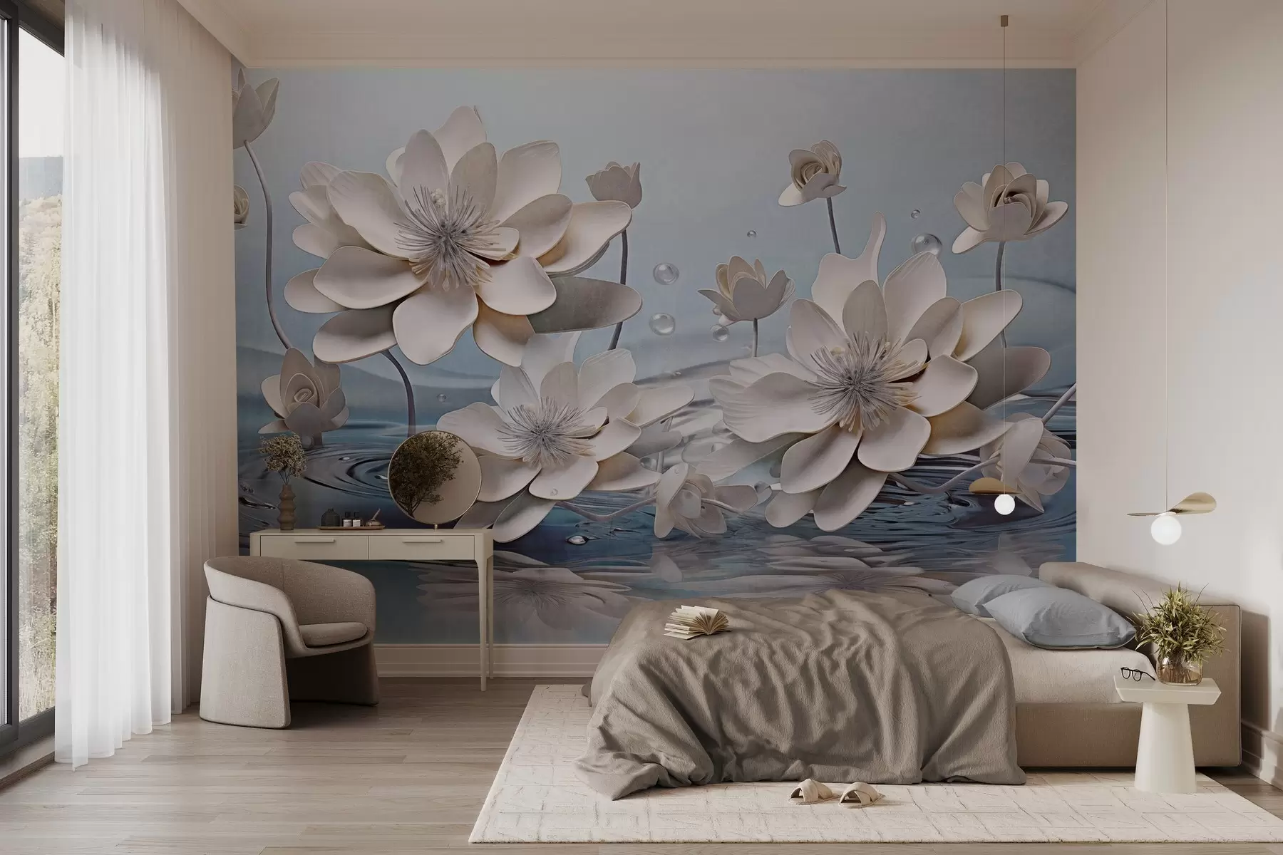 fototapet Flori albe texturate cu picături de apă, reflexii pe suprafața apei, fundal albastru deschis, design elegant w09262