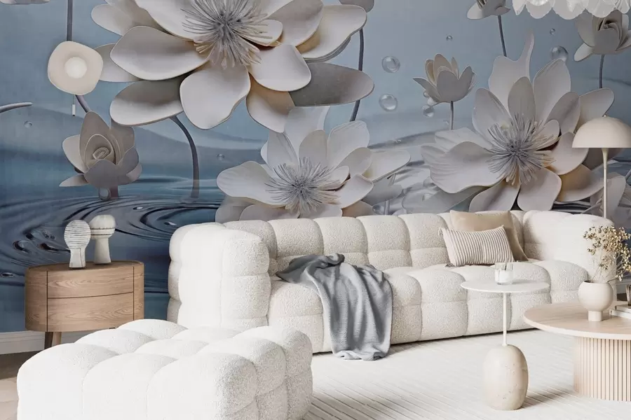 fototapet Flori albe texturate cu picături de apă, reflexii pe suprafața apei, fundal albastru deschis, design elegant w09262