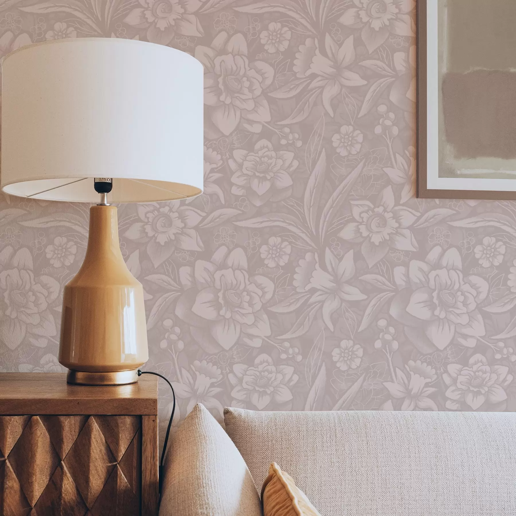 fototapet Design floral monocrom cu narcise pe un fundal crem a00294