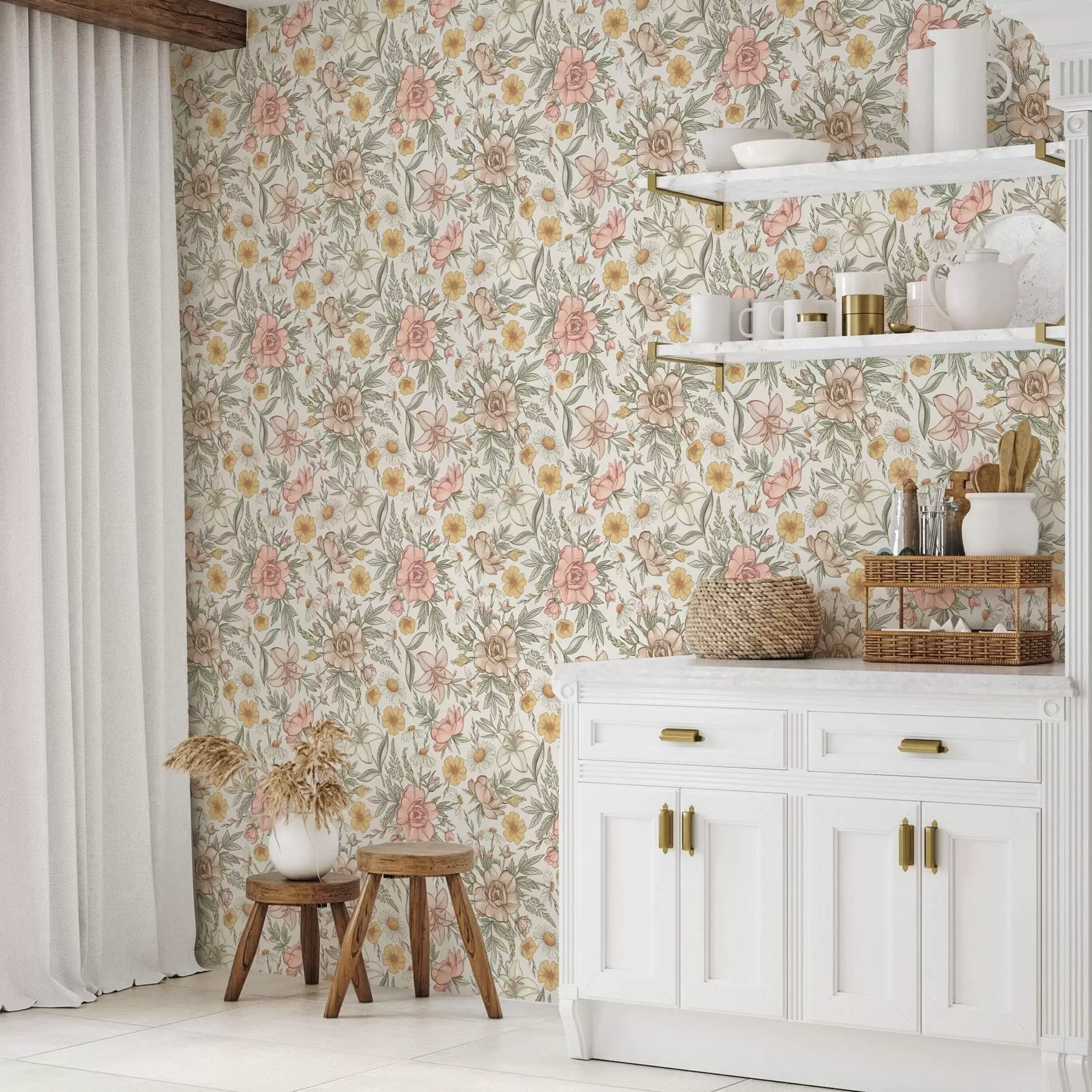 fototapet Margarete, bujori, crini și frunze în culori delicate a00299