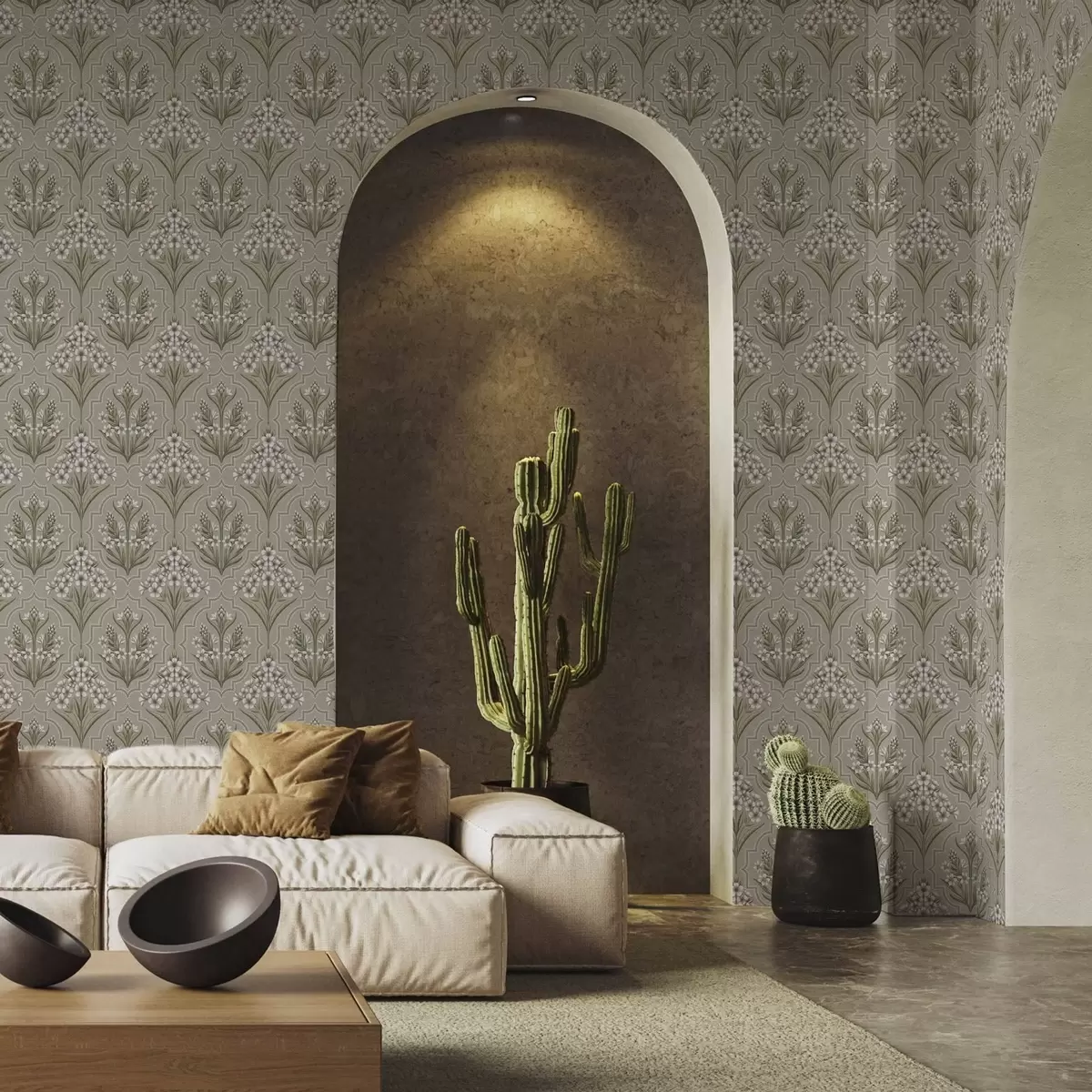 Wallpaper Model simetric cu flori albe pe un fundal gri a00302