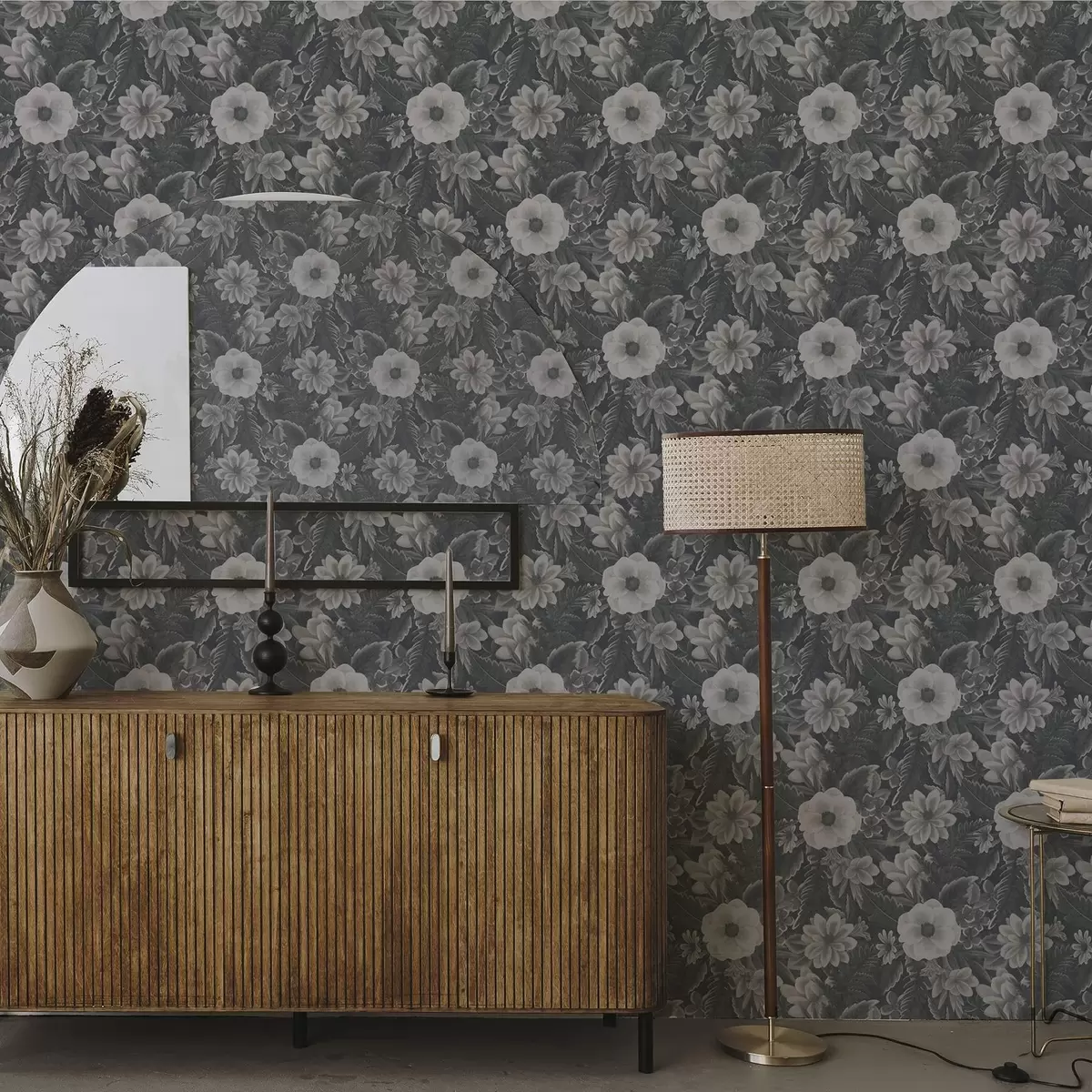 Wallpaper Model floral gri și alb cu efect retro a00307
