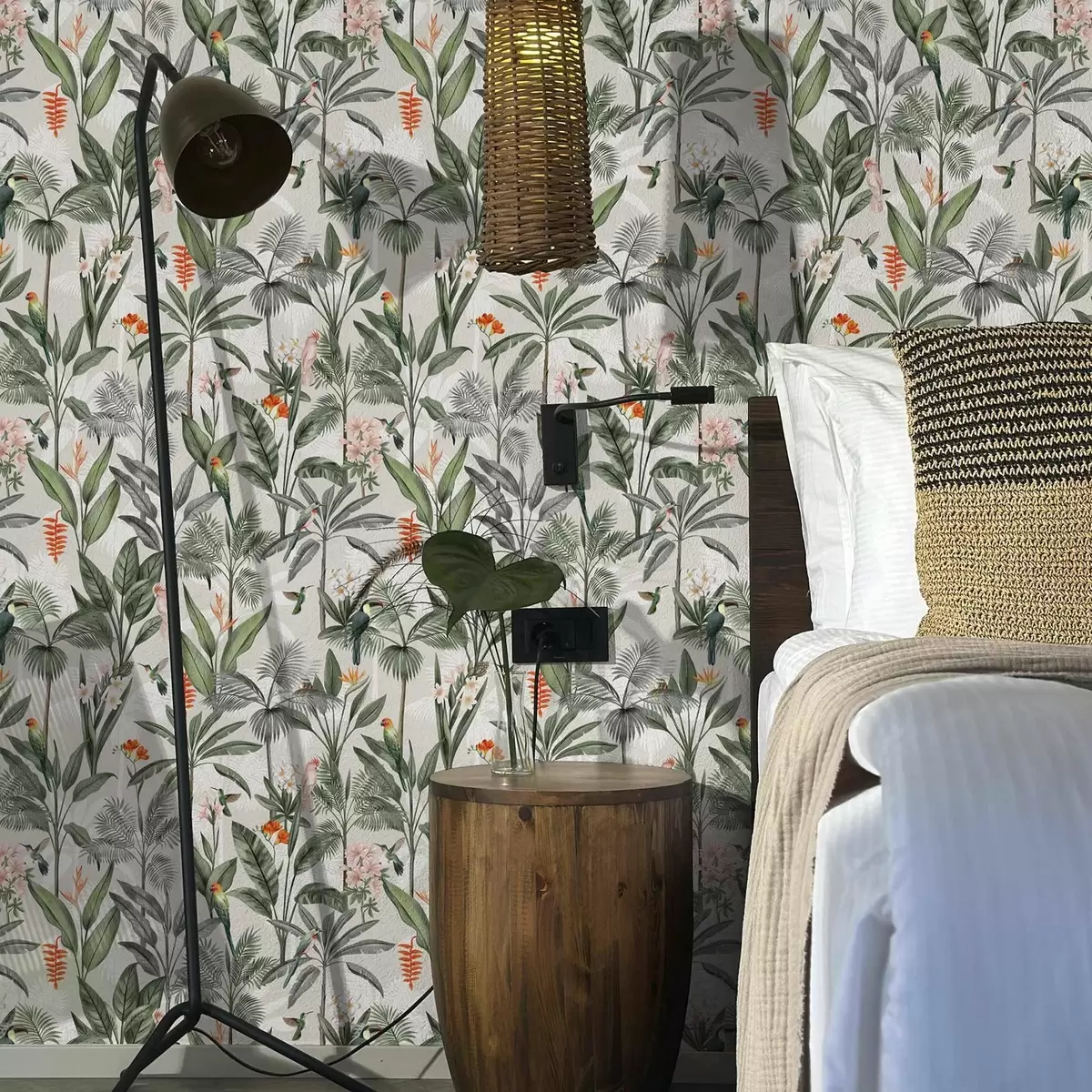 Wallpaper Păsări tropicale printre frunze de palmier a00308