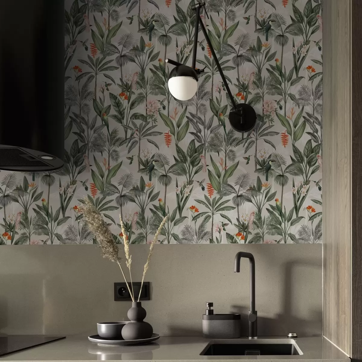 Wallpaper Păsări tropicale printre frunze de palmier a00308