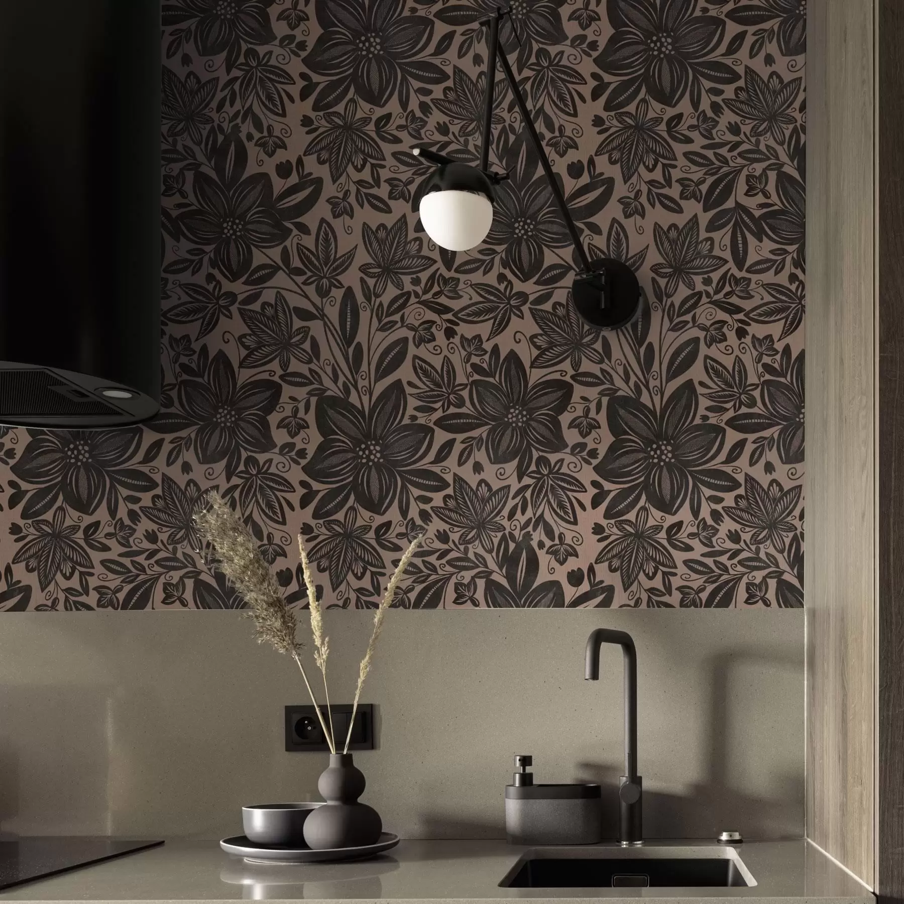 fototapet Model floral etnic negru și roz și model floral etnic roz a00351