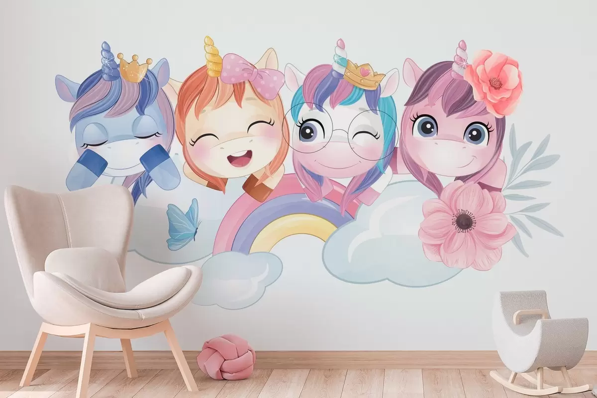 fototapet Unicorni drăguți printre nori și curcubee w04298