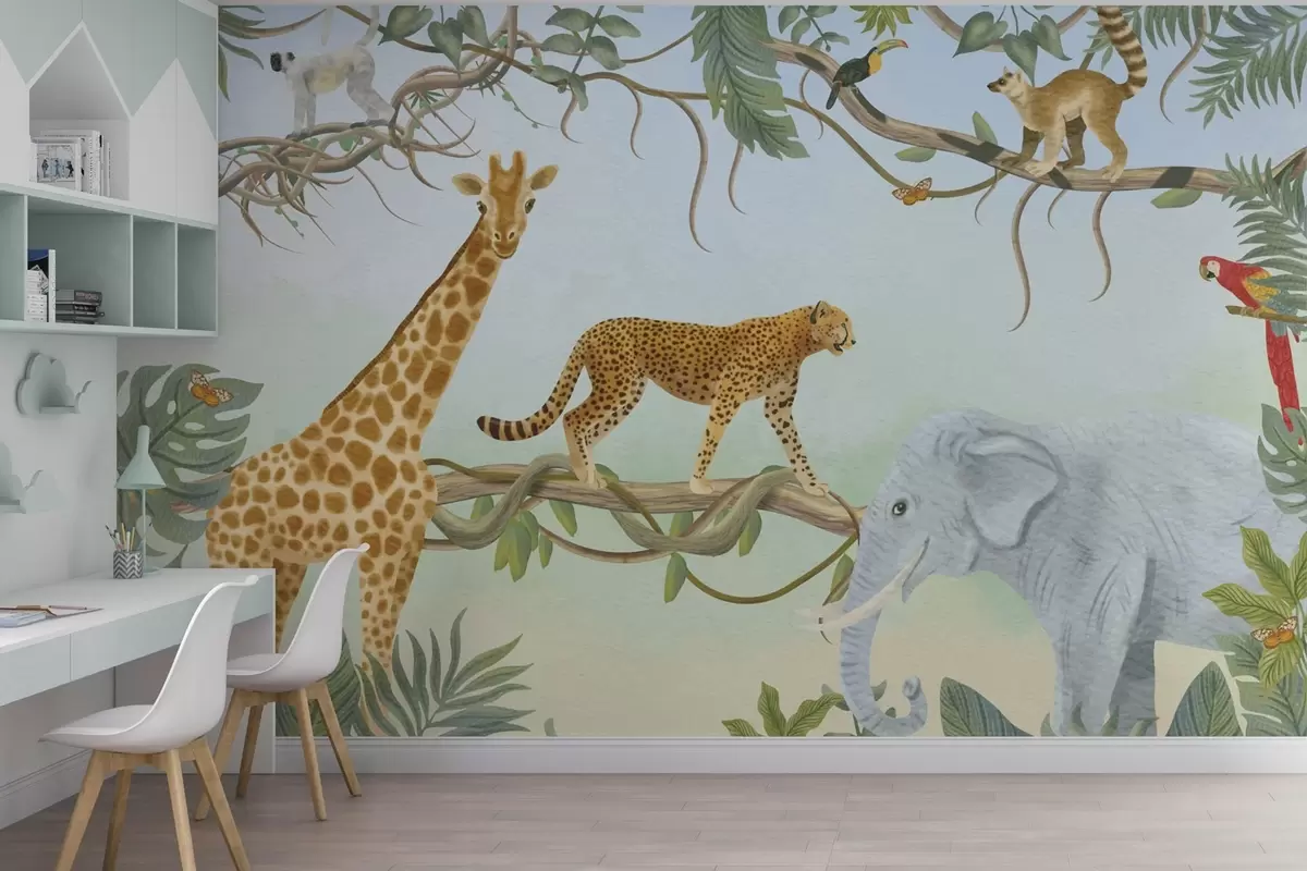 fototapet Ilustrație din junglă cu girafă, ghepard și elefant w04194
