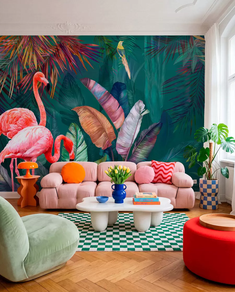 fototapet Flamingo în tropicele colorate u80403