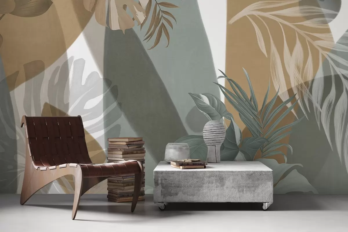 fototapet Frunze Monstera și frunze de palmier într-un model cu culori maro, alb și verde, vibe tropical, forme abstracte, decorative w09288