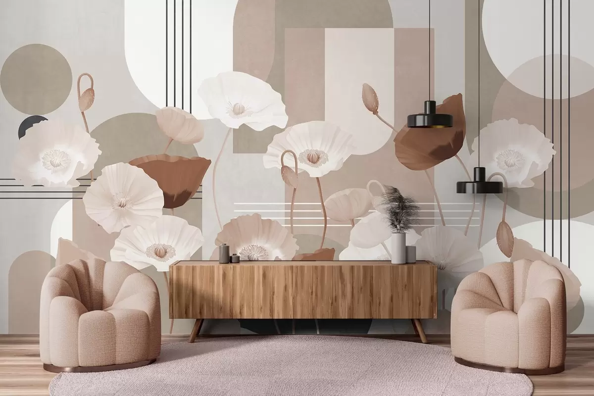 fototapet Mac în culorile alb și bej cu forme geometrice în fundal, cercuri și arcuri, stil minimalist, culori moi w09289