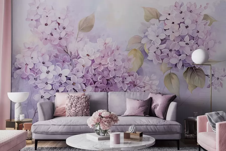 fototapet Flori lila texturate cu petale violet deschis, frunze verde deschis, stil acuarelă, culori moi, pastelate, tușe delicate w09291