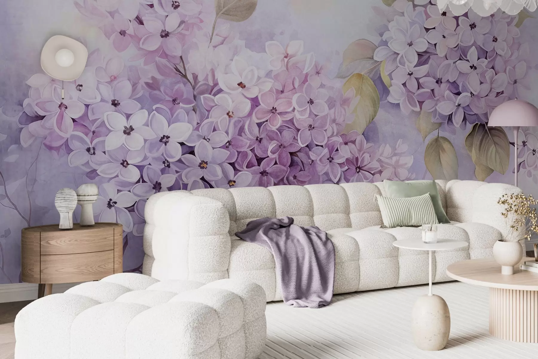 fototapet Flori lila texturate cu petale violet deschis, frunze verde deschis, stil acuarelă, culori moi, pastelate, tușe delicate w09291