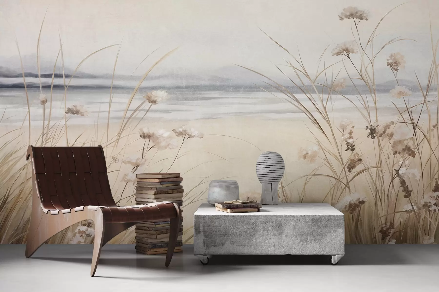 fototapet Un câmp de grâu cu flori albe în prim-plan, o plajă și oceanul în fundal, culori pastelate neutre w09298