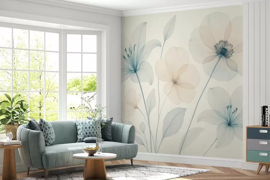 fototapet Flori delicate în stil acuarelă albastru pastel și crem w09287