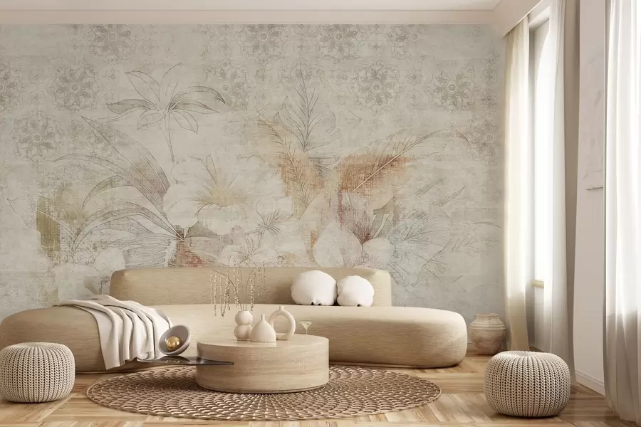 fototapet Flori și frunze pe fundal texturat cu ornamente w04343