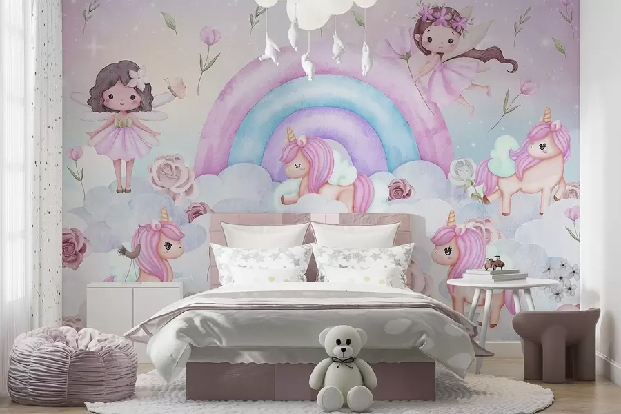 fototapet Zâne și unicorni printre nori și curcubee w04371