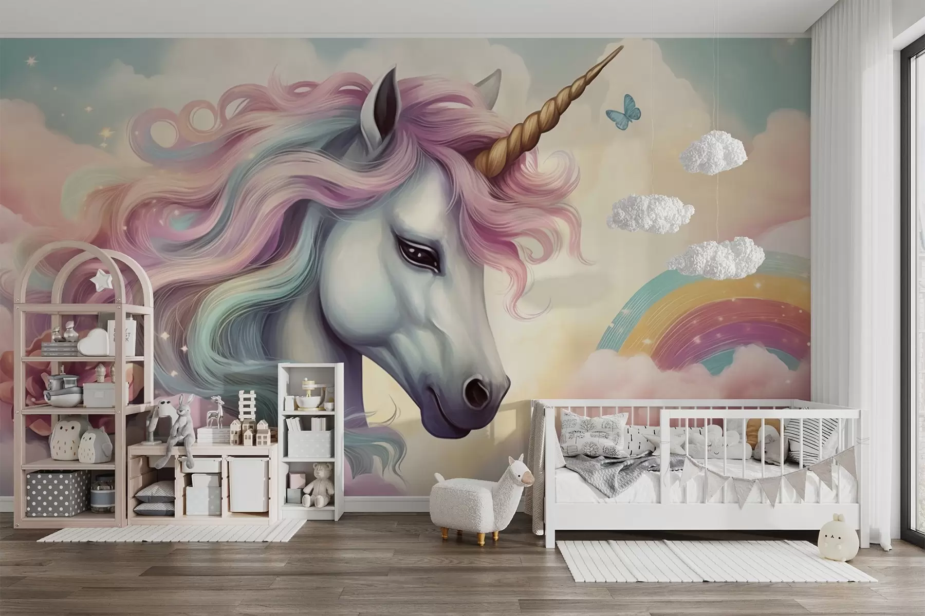 fototapet Unicorn pe un cer înnorat cu un curcubeu w04372