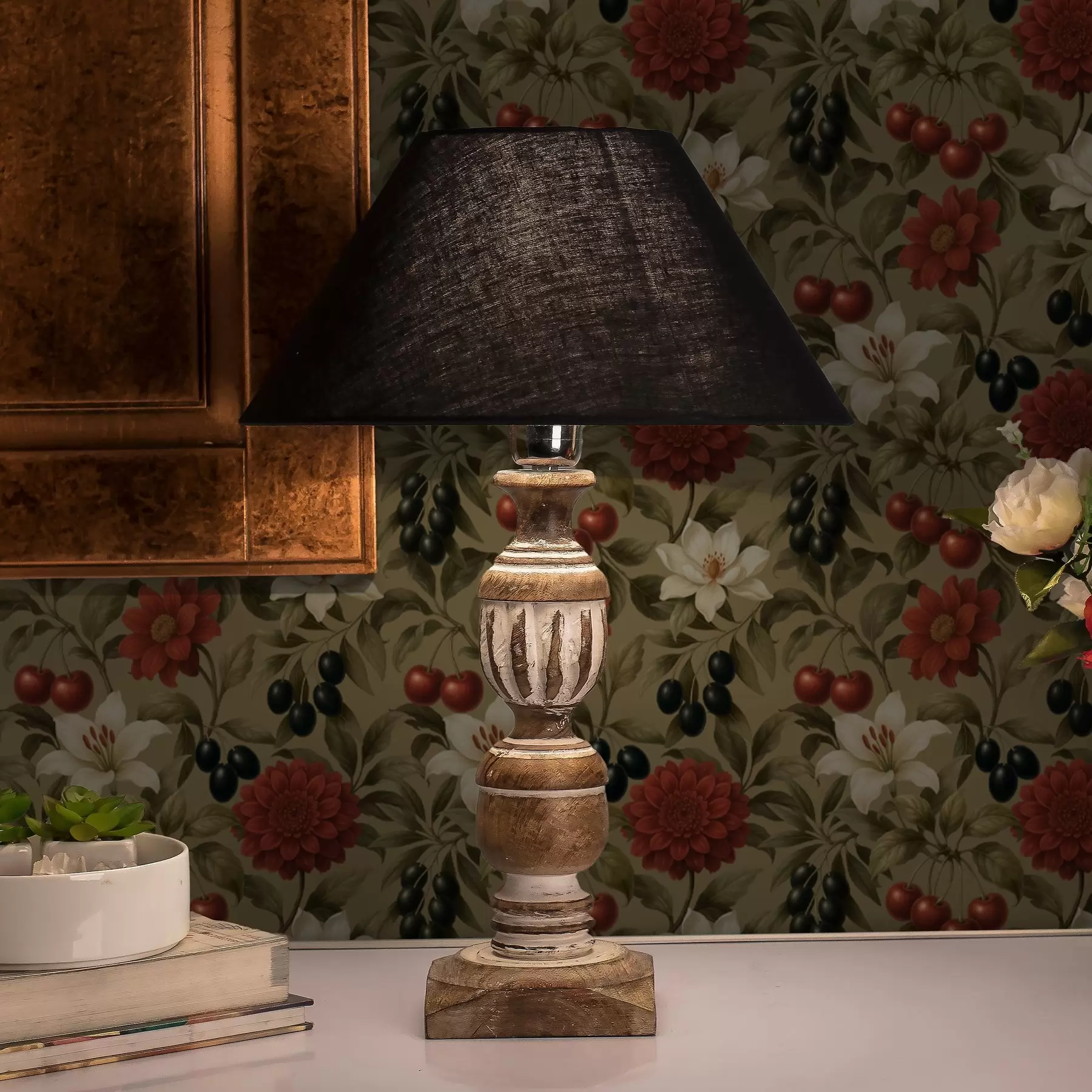 fototapet Cireșe, flori și măsline negre a00384