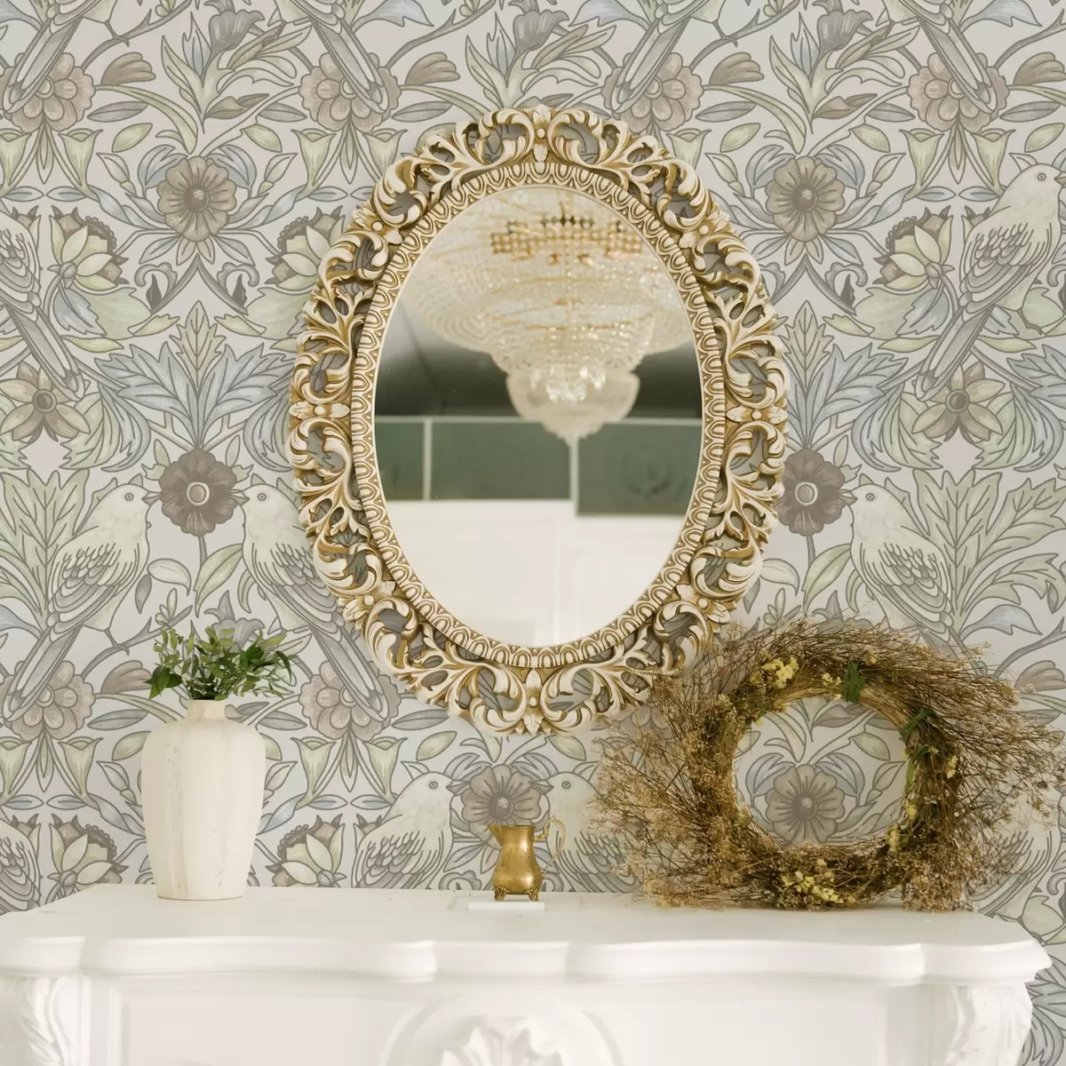 Wallpaper Păsări Art Nouveau și flori stilizate în pastel a00385