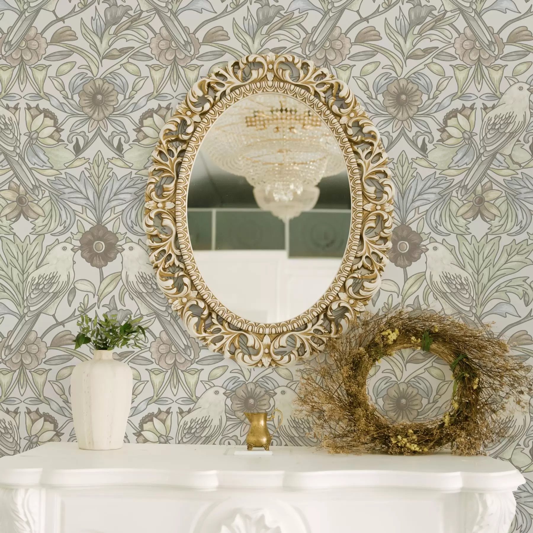 fototapet Păsări Art Nouveau și flori stilizate în pastel a00385