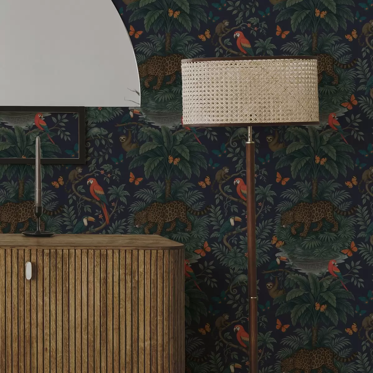 Wallpaper Jungla tropicală cu leopard, leopard, papagali și fluturi a00388