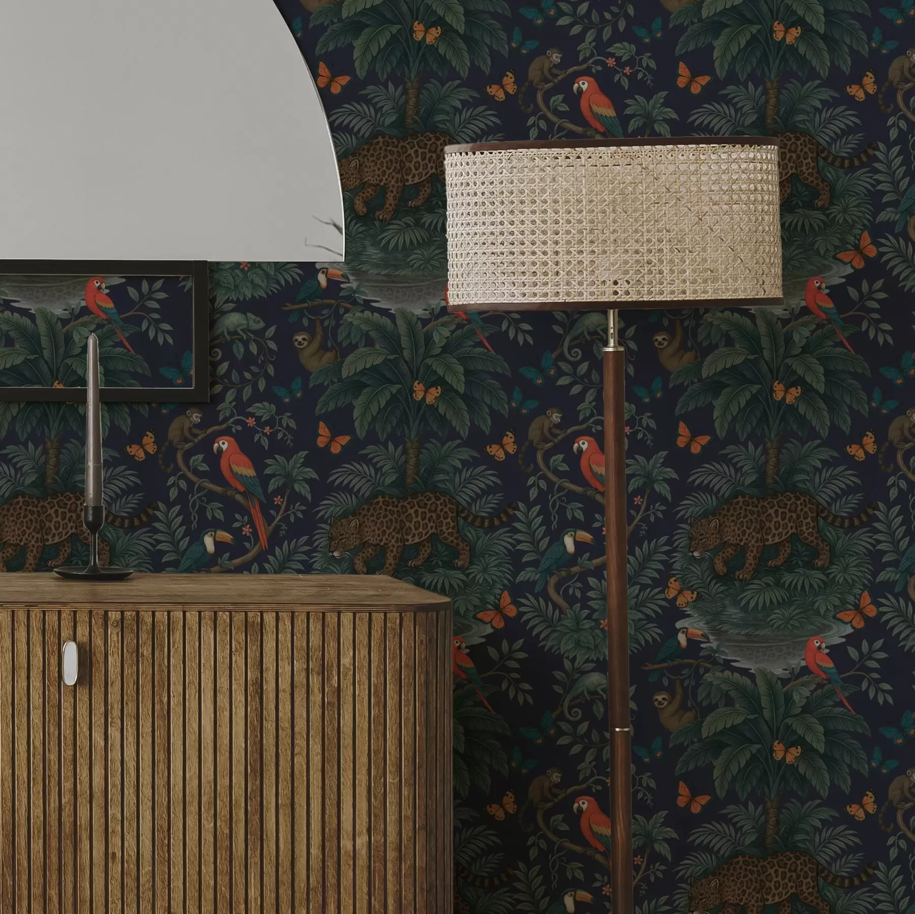 fototapet Jungla tropicală cu leopard, leopard, papagali și fluturi a00388