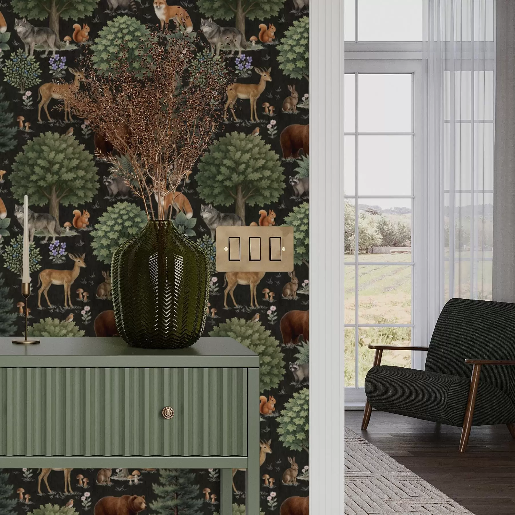 fototapet Acuarelă animale de pădure cu copaci și ciuperci a00391