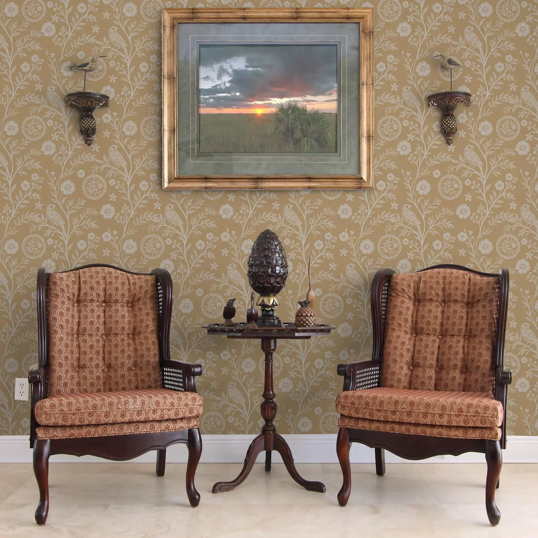 fototapet Schiță delicată a unei păsări albe și floare pasăre albă și floare pe fundal ocru a00393