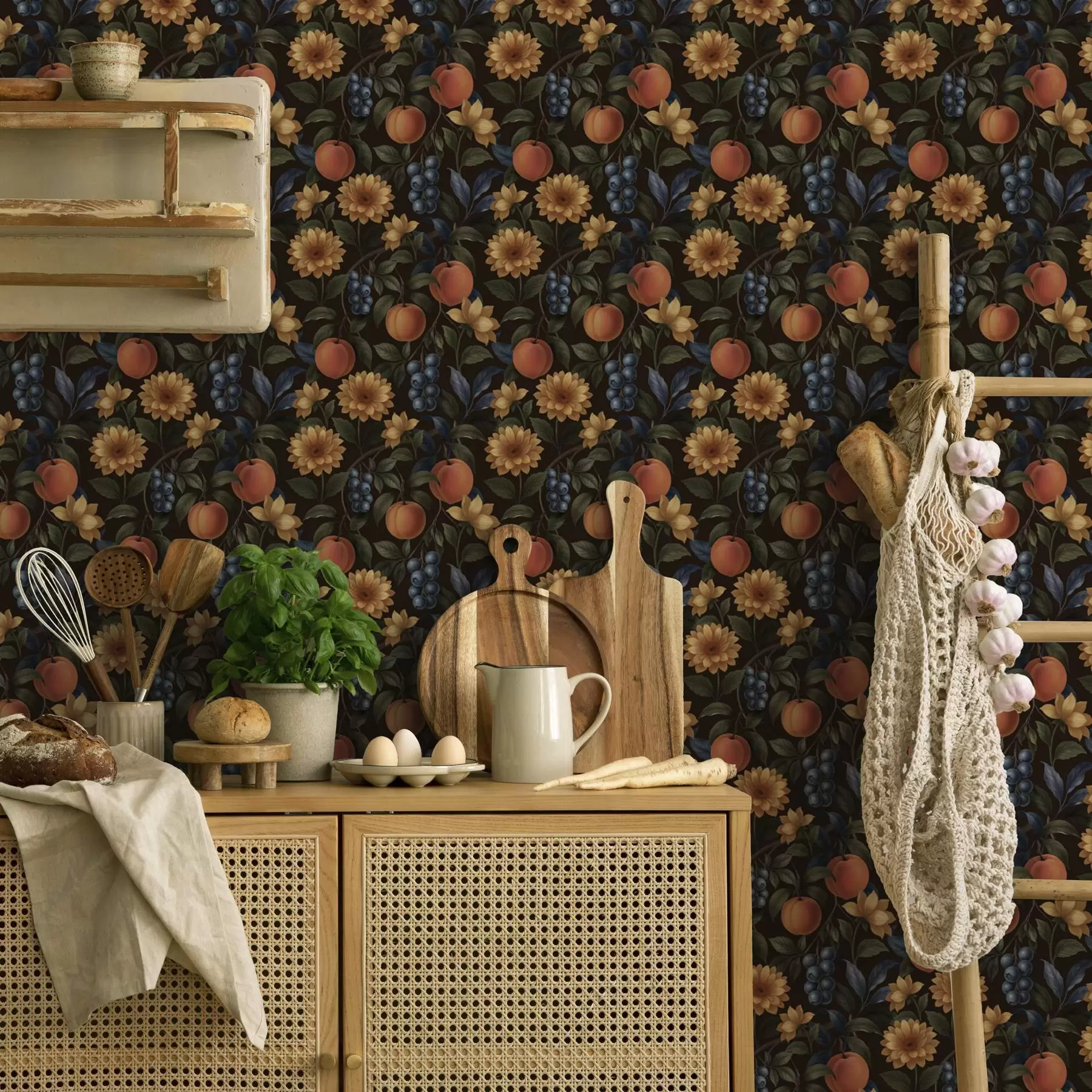 fototapet Fructe și flori galbene pe fundal botanic întunecat a00395