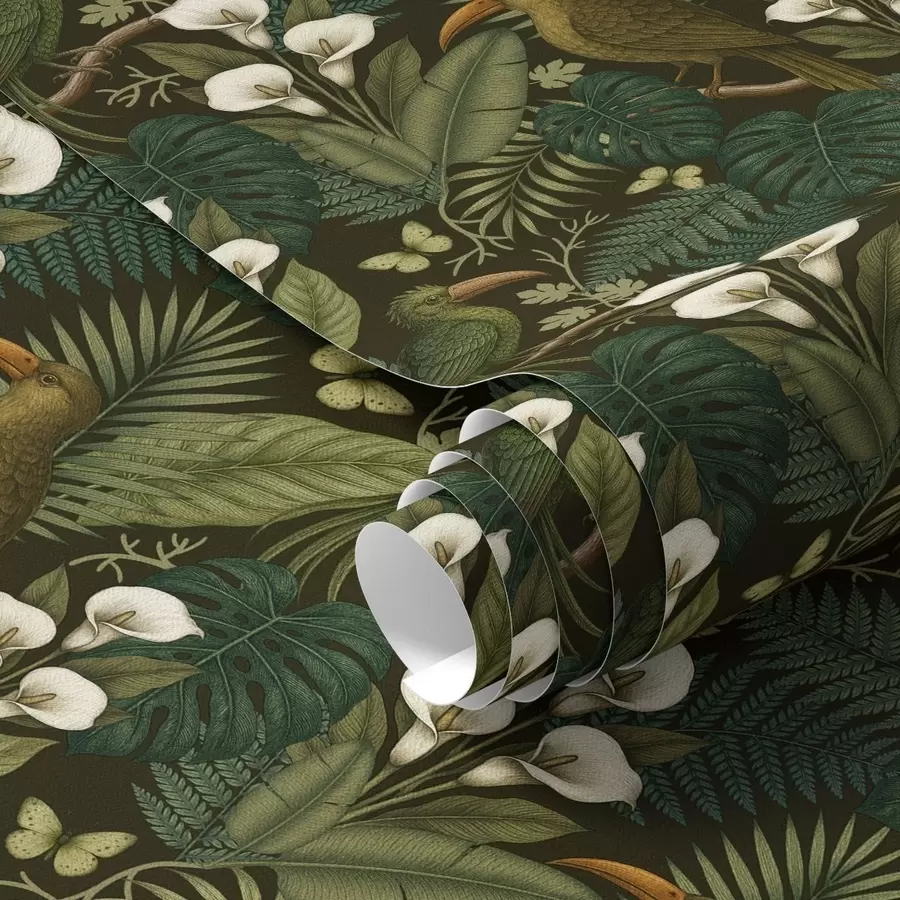 fototapet Păsări tropicale și verdeață luxuriantă pe fundal întunecat de junglă a00397