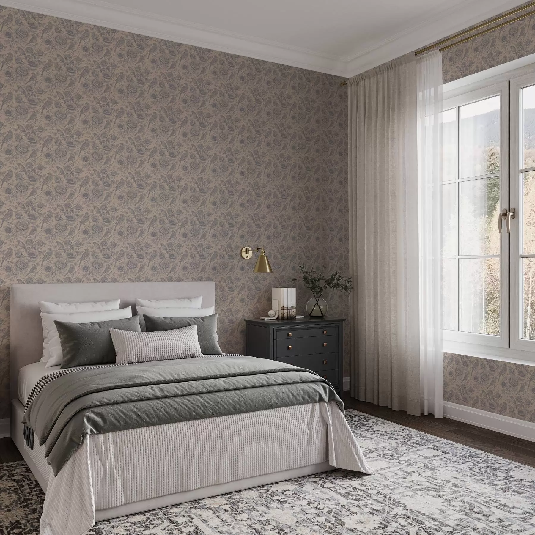 fototapet Păsări și flori de epocă pe un fundal bej moale a00423