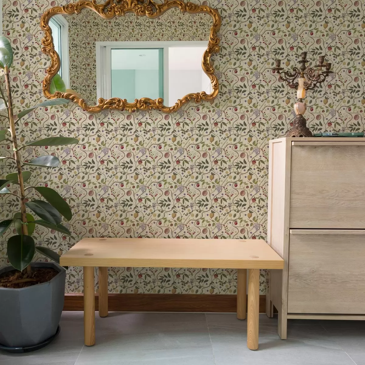 Wallpaper Model de fructe cu fructe de pădure, ramuri și flori a00428