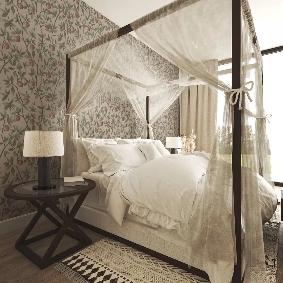 Wallpaper Piersici pe ramuri cu frunze verzi pe fundal bej a00429