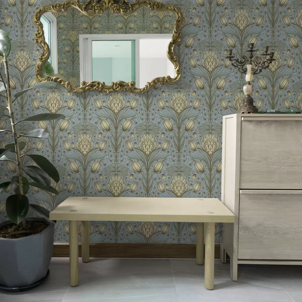 Wallpaper Model albastru cu anghinare și lalele a00435