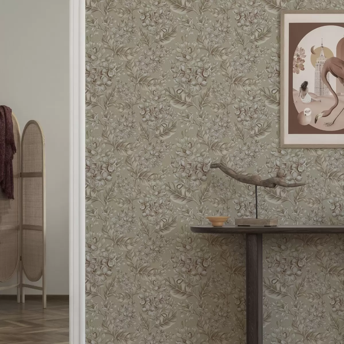 Wallpaper Ramuri bej cu flori albe în nuanțe calde a00441